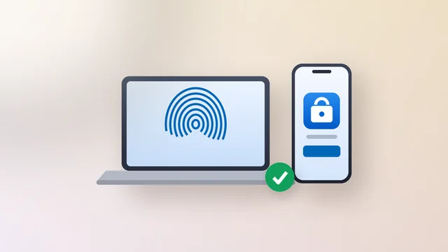 Laptop showing a fingerprint and phone showing a padlock, with a green tick between them