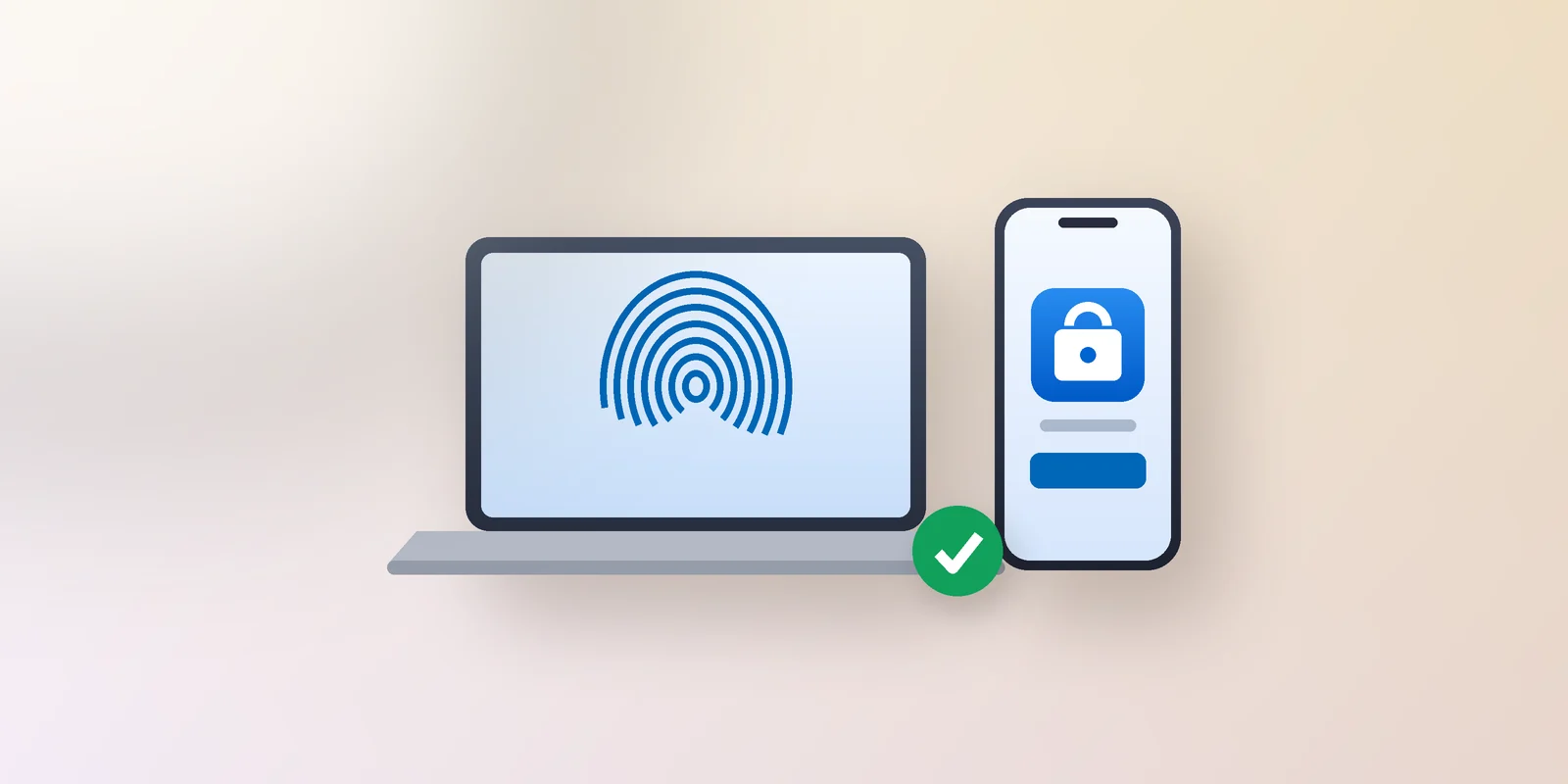 Laptop showing a fingerprint and phone showing a padlock, with a green tick between them