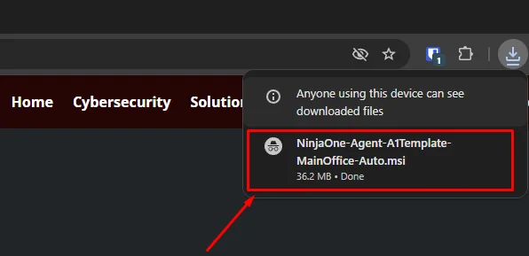 The downloaded .msi installer shown in the browser download bar