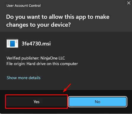 Windows User Account Control prompt asking to allow the installer to make changes